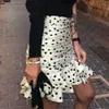 Chic Polka Dot Print Ruched Asymmetrical Mini Skirt Women Elegant High Waist Ruffled Irregular Hem Design Bodycon Skirt 210619