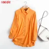 قميص Tangada المرأة أورانج القطن الكتان المتضخم طويل بلوزة شيك أنثى عارضة قميص فضفاض Blusas Femininas 4C113 210609