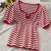 Women's T-Shirt Summer Knit Crop Top Women Slim Short Puff Sleeve Tee Shirts Lady Base Stretchy Tops V-Collar Striped Vintage T-shirts