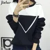 Winter Fashion Black and White Spell Color Patchwork Hoodie V Pattern Pullover Sweatshirt Female Tracksuit M-XXL 220314