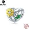 BISAER Daisy Flower Heart Beads 925 Sterling Silver Hollow CZ Yellow Enamel Charm Fit Bracelet Necklace Jewelry Making EFC284 Q0531