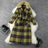 Winter Women Fur Collar Thicken Warm Wool Blends Overcoat Elegant Lady Vintage Plaid Woolen Jackets and Coats Loose Outerwear 210601