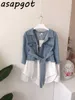 Koreanska sömmar Fake Two Piece Långa Långärmad Singel Breasted Slank Waist Lace Up Vintage Denim Coat Women Jacket Sashes 210610