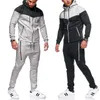 Homens Tracksuit definir dois pedaços conjunto de patchwork hoodies e calças casuais sapatos esportivos casuais corredores macho jogging ternos cinzento suor 210603