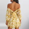 끄기 어깨 꽃 여름 드레스 노란색 빈티지 높은 허리 해변 드레스 여자 2021 섹시한 짧은 드레스 Vestidos