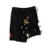 High Street Hand-målade bläck Splashed Distressed Shorts Mens Terry Oversize Fickor Straight Retro Casual Sommar Short H1210