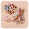 baby rabbit ears Teethers + pacifier clips toy toddler wooden dummy holder braid cotton rope chains