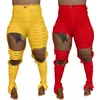 S-4XL gul röd casual skinny rippade jeans för kvinnor höst hög midja plus storlek denim byxa streetwear elastiska ihåliga byxa 210708