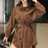 Aelegantmis Tallas grandes Fajas Estilo coreano Blusa Camisa Mujer Vintage Largo con cinturón Mujer Casual Oficina Señora Cálido 210607