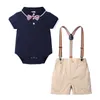 Toddler spädbarns killar kläder sommar kortärmad rompers blå + overalls baby kläder set gentleman slips barn nyfödda outfits kostym x0802