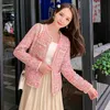 Vrouwen roze tweed jas jas landingsbaan herfst winter single breasted weven vrouwelijke mode vintage bovenkleding 2109145163388