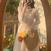 Summer Sukienki Koronkowe Dla Kobiet Casual 2021 Wróżka Ubrania Z Długim Rękawem Pasek Maxi Skater Dress Lolita Harajuku CottageCore Robe Y0927