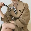 Autumn Winter Woman khaki Long Trench Coat British Style Vintage Puff Sleeve Elegant Waist Bandage Windbreaker 210529