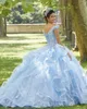 ضوء السماء الأزرق الأميرة quinceanera اللباس 2021 قبالة الكتف يزين الترتر الزهور حزب الحلو 16 ثوب vestidos دي 15 a؟ OS