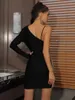 Casual Dresses Celebrity Bandage Dress 2021 Sexig Deep V Neck One Shoulder Black Patchwork Mesh Sequins Mini Bodycon Elegant Club Party Dr