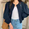 Yitimuceng Embroidery Blouse Women Button Up Shirts Apricot Navy Puff Sleeve Clothes Spring Summer Korean Fashion Tops 210601