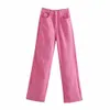 ZA Kadınlar Streç Düz Kot Yıkanmış Tam Boy Yüksek Bel Geniş bacaklı Denim Pantolon Cep Gevşek Moda Pantolon 210809