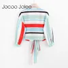Joloo jolee sexy profundo decote em v mulheres colorida blusa listrada lace up design nove mangas de verão desgaste de verão 210619