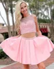 2022 Cute Pink Homecoming Sukienki 2 Sztuk Hard-Pracujący Zroszony Neckline Sheer Cap Rękawy A-Line Gradacie Prom Party Dress Girls