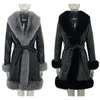 Women's Leather & Faux Side Pockets Jackets Women Fashion PU Tie Belt Waist Long Coats Elegant Solid Fur Female Ladies