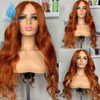 Orange Ginger Wave Lace Front Människohår Peruker med babyhår Brasilianskt hår Orange 13x6 Body Wave Lace Front Peruker Blekta knutar