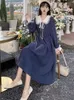 Vintage Dres Süße Spitze Peter Pan Kragen Französisch Elegante Langarm Lace-Up Fee Kleid Koreanische Herbst Chic 211221