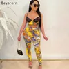 Beyprann Yeni Chic Dantel Ekle Baskılı Pantolon Set İki Parçalı Takım Elbise Yaz Bayan Kolsuz Kırpma Üst Ve Legging Set Seksi Kıyafetler Y0625