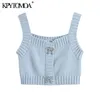 KPYTOMOA женская мода кнопки обрезанные вязаные бак топы винтажные квадратные воротники широкие ремни женские Camis Mujer 210714