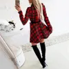 Christmas Dress For Women Winter Xmas Red Plaid Dress Long Sleeve Scottish Plaid Slim Dress Plaid Mini Party Dresses 210226