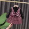 Bear Leader nato Baby Stile coreano Abiti eleganti Moda Ragazze Infantili Abiti scozzesi Manica lunga Bowknot Costumi principessa 210708