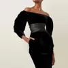 High Quality Winter Fashion Velvet Dress Elegant Long Sleeve Off Shoulder Diamond Celebrity Evening Party Runway 210527