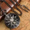 Man Kvinna Svart Utan Cover Roman Numrals Ring Manuell Maskiner Steampunk Pocket Watch Tjockkedja High-End Full