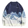 Automne Hiver Snow Mountain Lettre imprimé pull en tricot hommes à manches longues O cou bleu noir pull surdimensionné chandails masculins 211006