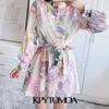 Kppytomoa Dames Chique Mode Met Riem Floral Print Linnen Mini Jurk Vintage O Neck Lange Mouw Vrouwelijke Jurken Vestidos 210806