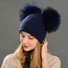 二重リアルアライグマの毛皮の帽子女性冬の帽子ニットウールS Skullies Beanies Girls女性2人のPom Beanie 211229