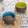 Matt Grey Ceramic Cat Dog Bowl Dish with Wood Stand No Spill Pet Food Water Feeder Cats Small Dogs 400ml