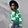 T-shirt tricoté à manches longues pour femme, vêtement ample, à carreaux verts, assorti, européen et américain, nouvelle collection automne hiver