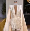 Robe de soirée longue en Satin ivoire, col haut, manches longues, perles, dubaï, pour femmes, robes de bal formelles courtes avec châle Long, 20212186446