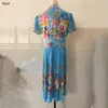 Летние офисные платья для женских плиссированных синий напечатанный высокая талия середина теленка элегантная деловая работа мода OL платье MIDI