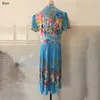 Vestidos de escritório de verão para senhoras plissadas azul impresso cintura alta meados bezerro elegante trabalho negócio moda ol vestido midi