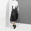Boyama Stil Kadın Yaz Uzun Kollu Siyah Ve Beyaz Baskılı Gömlek Elbise Kravat Boya Artı Boyutu Midi Rahat Robe Femme 3400 210623