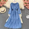 Fioletowy / niebieski / zielony Hollow Out Haftowane Sukienka Kobiety Vintage V-Neck Rękaw Puff Sleeve High Waist A-Line Vestidos Kobieta Wiosna Jesień Y0603