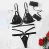 Sexy Lingerie Set Porno Women Latex Leather Black Sex Underwear Sets Push Up Exotic Sets Costumes Hollow Bra+thong+2pc Bracelet Y0911