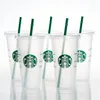 Starbucks 24oz/710ml Plastik Kupalar Tumbler Deniz Kızı Tanrıçası Yeniden Kullanılabilir Açık İçme Düz Alt Sütun Şekli Kapak Saman Kupa Kupa 591