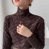 Lace Pläterade varma toppar Full-Sleeved Pullovers Turtleneck Retro Slimming Solid Chic Basewear Gentle T-shirts 210525