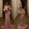 Diseñador Dusty Pink Bridesmaid Dresses Mermaid Bow Off the Hopar Ruffles Train Custom Had Mad Mida de Honor Partido para bodas Vestido Vestido