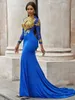 ASO EBI Sexy Sleutelgat Avondjurken Hoge Kraag Gouden Applique Lange Mouwen Prom Dress Mermaid Side Split Robe de Soiree