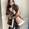 Women's Fur & Faux Winter 2022 Womens Fashion Biker Jackets Office Lady Turn-Down Collar Vintage Zippers Pockets Casual Korean Style Outerwe