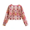 TRAF Za Women Sets Print Skirt Shorts Woman Floral Top Female Long Sleeve Knot Crop Summer Suits Vintage High Waist 220221
