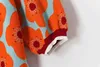 Lato Lapel Color Contrast Flower Jacquard Rękaw Puff Sleeve Knit Cropped Top Kobiety Chic Kwiat Przycisk Cienki Sweter 211216